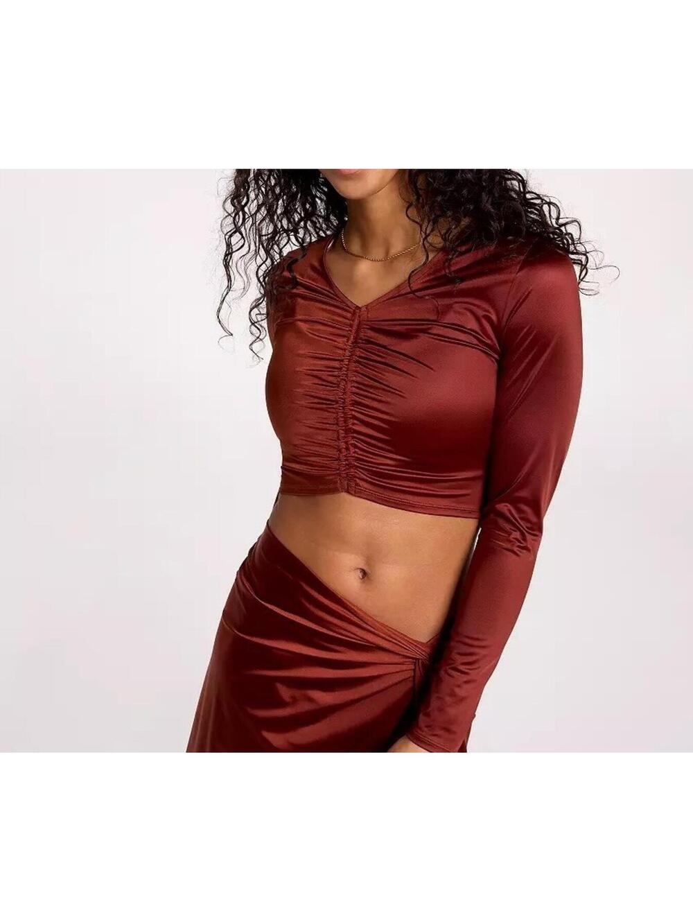 Calia Women Ruched RashGuard RedBrown  LongSleeve CropTop2XL